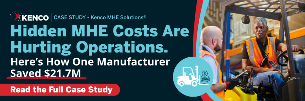 Warehouse workers operating a forklift while discussing equipment, illustrating how Kenco MHE Solutions helped a manufacturer reduce hidden material handling costs and save $21.7 million.