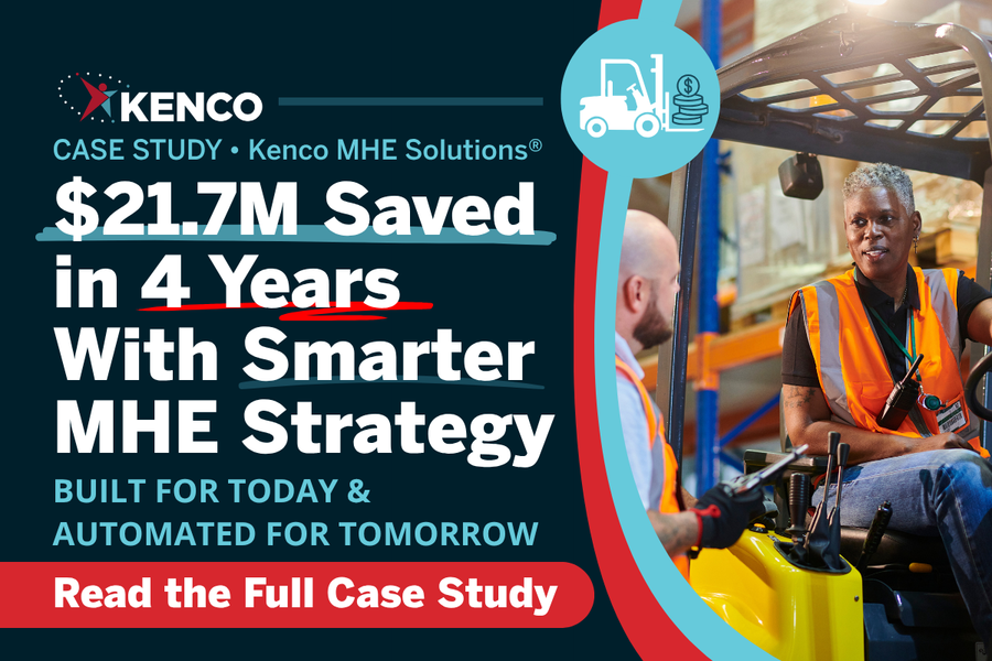 Warehouse forklift operation showing Kenco MHE Solutions helping a U.S. manufacturer reduce material handling equipment costs and save $21.7 million over four years.