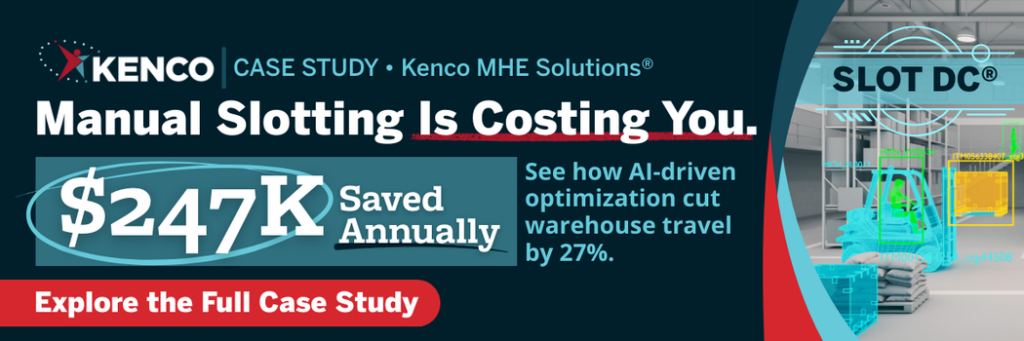 Kenco SLOT DC® case study banner showing $247K annual savings from AI warehouse slotting optimization, reducing travel distance by 27% and improving picking efficiency