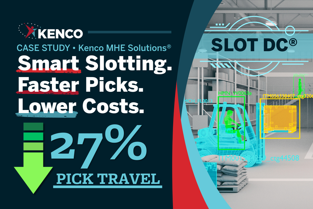 Kenco SLOT DC® warehouse slotting optimization case study graphic showing 27% reduction in pick travel distance, faster picking efficiency, and lower operational costs using AI-driven slotting and zoning