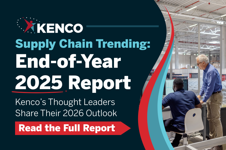Supply Chain Trending End-of-Year 2025 report by Kenco featuring thought leader insights and a warehouse operations scene
