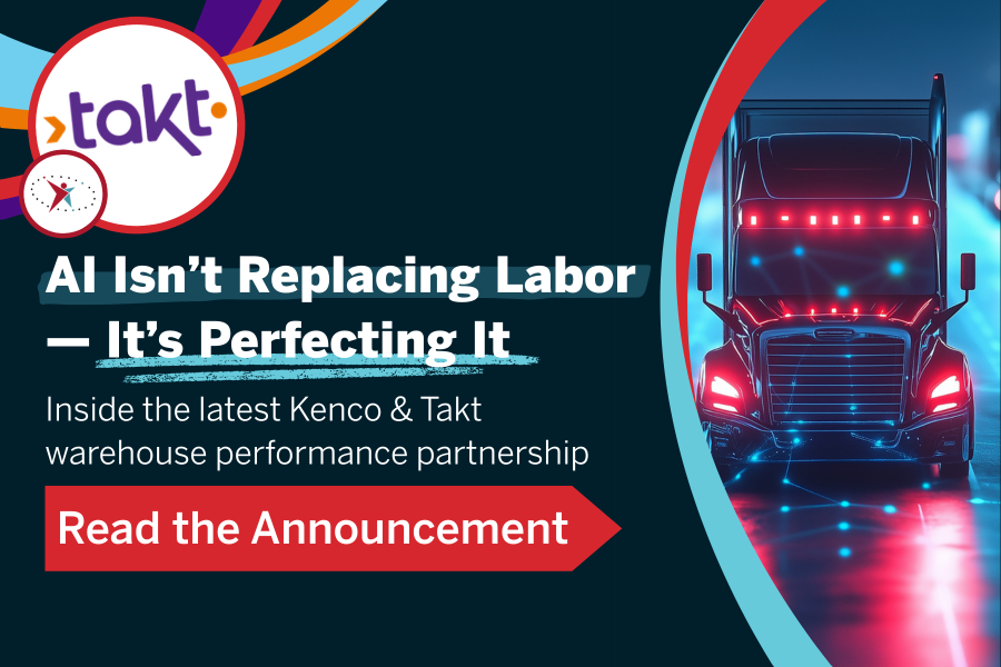 Promotional graphic showing Kenco and Takt partnership highlighting AI-powered warehouse labor management and real-time workforce performance optimization in logistics operations.