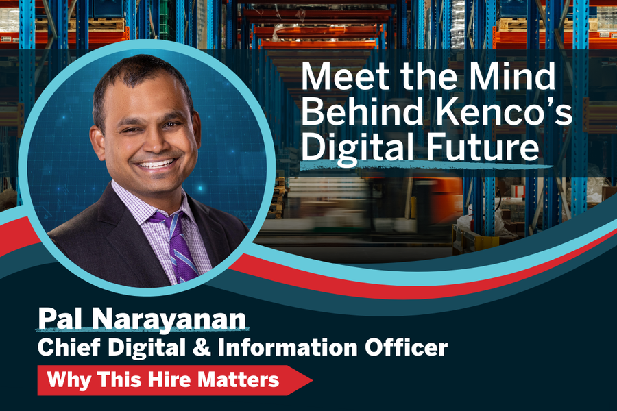Portrait of Pal Narayanan, Chief Digital & Information Officer at Kenco, standing in a modern warehouse environment.
