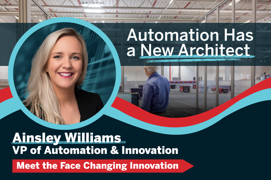 Thumbnail graphic announcing Ainsley Williams as Vice President of Automation & Innovation at Kenco, highlighting leadership in warehouse robotics, automation strategy, and supply chain innovation.