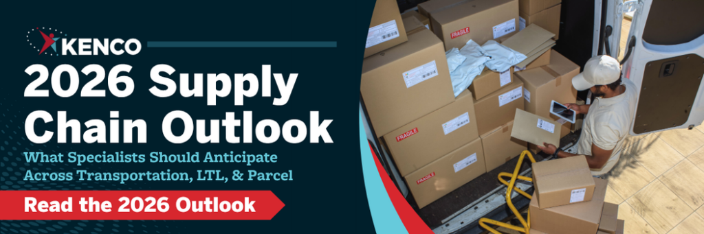 Kenco 2026 supply chain outlook banner showing U.S. transportation, LTL, and parcel shipping activity with stacked packages and last‑mile delivery operations