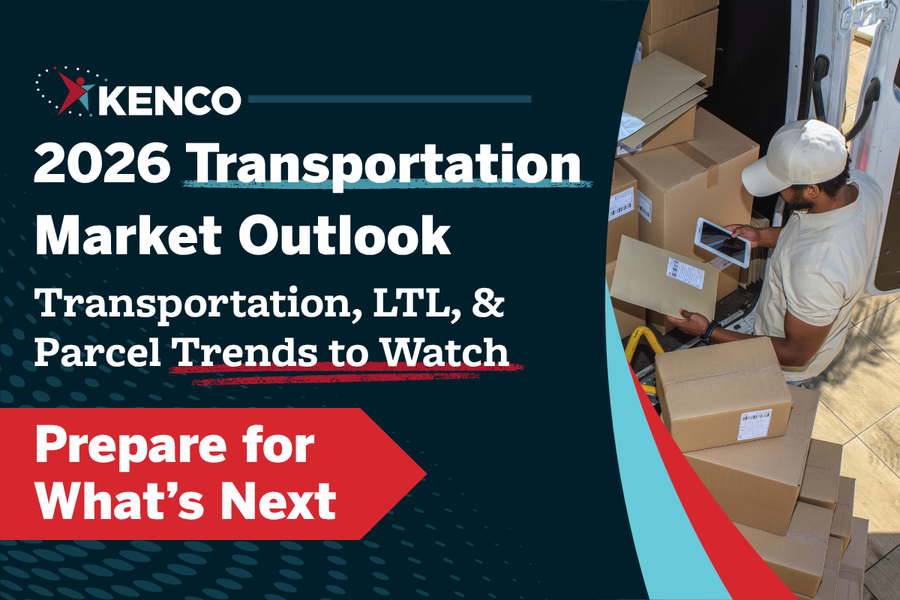 Kenco 2026 transportation market outlook highlighting U.S. transportation, LTL, and parcel trends with stacked shipping boxes and last-mile delivery activity