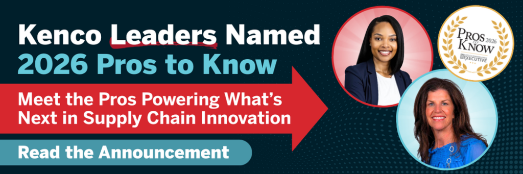 Kenco Logistics leaders named 2026 Pros to Know, featuring professional executive headshots, a Pros to Know Executive recognition badge, and messaging about supply chain innovation and logistics leadership in the United States.
