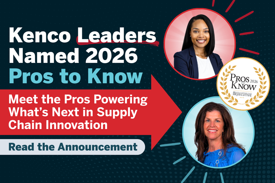 Graphic announcing Kenco Logistics leaders recognized as 2026 Pros to Know, featuring two professional headshots, a Pros to Know Executive badge, and messaging about supply chain innovation.