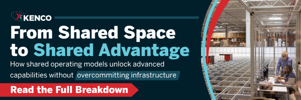 Kenco shared warehousing visual showing an automated grid system inside a modern U.S. distribution center, illustrating how multi‑client operating models enable advanced warehouse automation and scalable logistics capabilities.