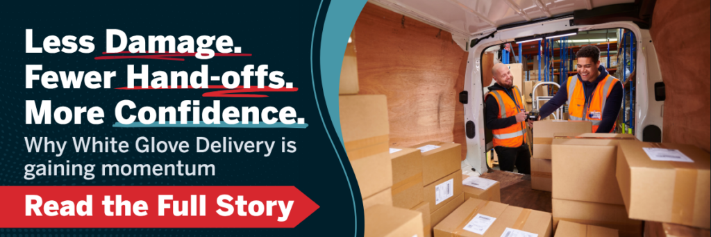 White glove delivery team loading packages into a van with careful handling to reduce damage, limit hand‑offs, and ensure premium last‑mile delivery service