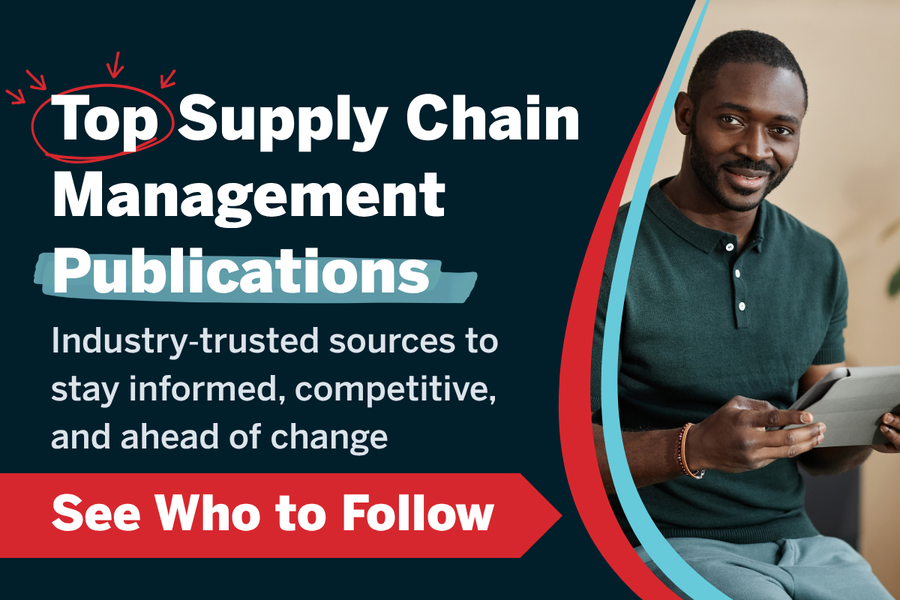 Thumbnail promoting top supply chain management publications, featuring bold headline text, industry‑trusted sources for logistics, transportation, and global trade, a “See Who to Follow” call to action, and a professional indoors holding a tablet, displayed in Kenco Logistics’ branded blue, red, and teal design.