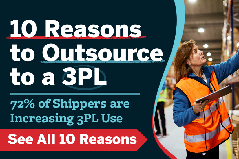 Warehouse team managing inventory in a distribution center alongside text reading “10 Reasons to Outsource to a 3PL,” highlighting how third‑party logistics improves supply chain efficiency, scalability, and resilience for U.S. shippers.
