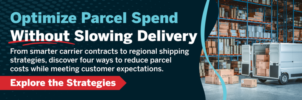 Banner showing a warehouse fulfillment center with stacked inventory and a delivery van, alongside text promoting strategies to optimize parcel spend and reduce shipping costs while maintaining fast eCommerce delivery in 2026.