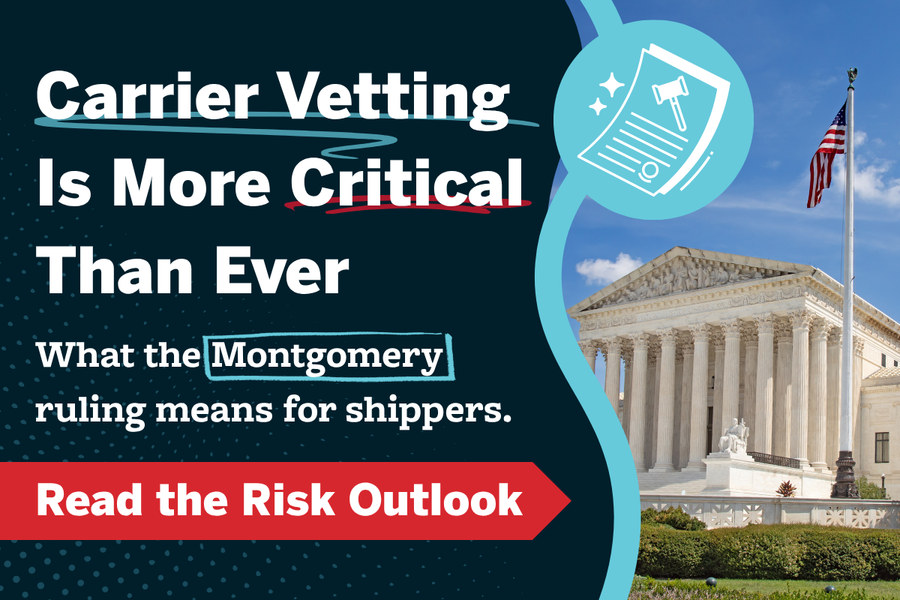 U.S. Supreme Court building with graphic overlay and text about carrier vetting after Montgomery v. Caribe ruling and liability risk for shippers and brokers
