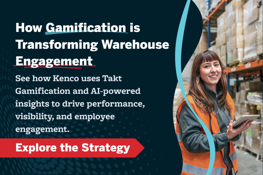 Warehouse associate using a tablet in a distribution center with inventory racks, representing gamification in logistics, real-time performance tracking, and employee engagement strategies in warehouse operations.