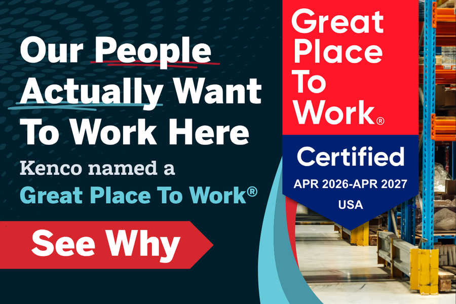 Warehouse setting with Great Place to Work Certified badge and text highlighting employee experience, workplace culture, and Kenco certification