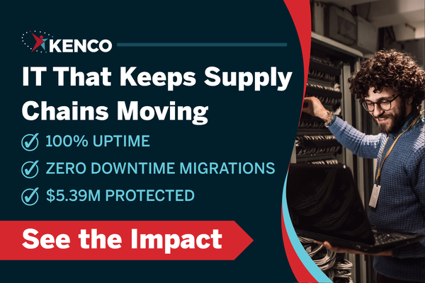 IT infrastructure supporting reliable supply chain operations at Kenco Logistics, featuring secure servers, cybersecurity protection, and high uptime logistics technology