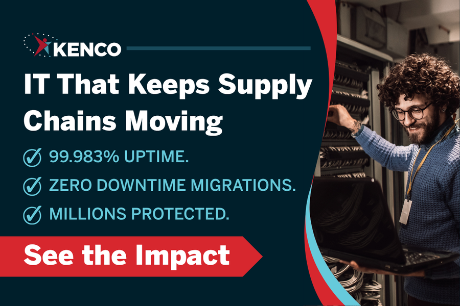 IT infrastructure supporting reliable supply chain operations at Kenco Logistics, featuring secure servers, cybersecurity protection, and high uptime logistics technology