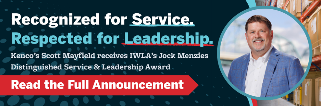 Award announcement banner for Kenco Logistics highlighting industry recognition for service and leadership excellence. Visual features a warehouse distribution environment, a circular professional headshot, and bold headline text reading “Recognized for Service. Respected for Leadership.” Supporting text notes receipt of IWLA’s Jock Menzies Distinguished Service & Leadership Award. Includes a red call-to-action button labeled “Read the Full Announcement.” Optimized for keywords such as supply chain leadership, warehousing excellence, third-party logistics (3PL) recognition, and logistics industry awards.