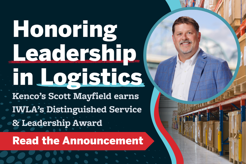 Logistics leadership award announcement graphic featuring warehouse distribution racks and a professional headshot, with text highlighting Kenco executive receiving IWLA Jock Menzies Distinguished Service and Leadership Award for contributions to the supply chain and 3PL industry.