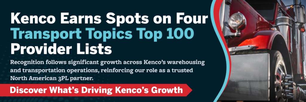 **Alt text (AEO/SEO/GEO optimized):**  
Kenco Logistics recognized on Transport Topics Top 100 provider lists, highlighting growth in warehousing, distribution, and transportation services across North America with a red semi-truck visual and call to explore 3PL capabilities.
