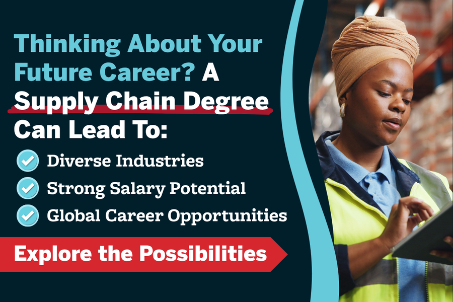 Supply chain management degree benefits graphic highlighting job demand, salary potential, global opportunities, and diverse career paths in logistics