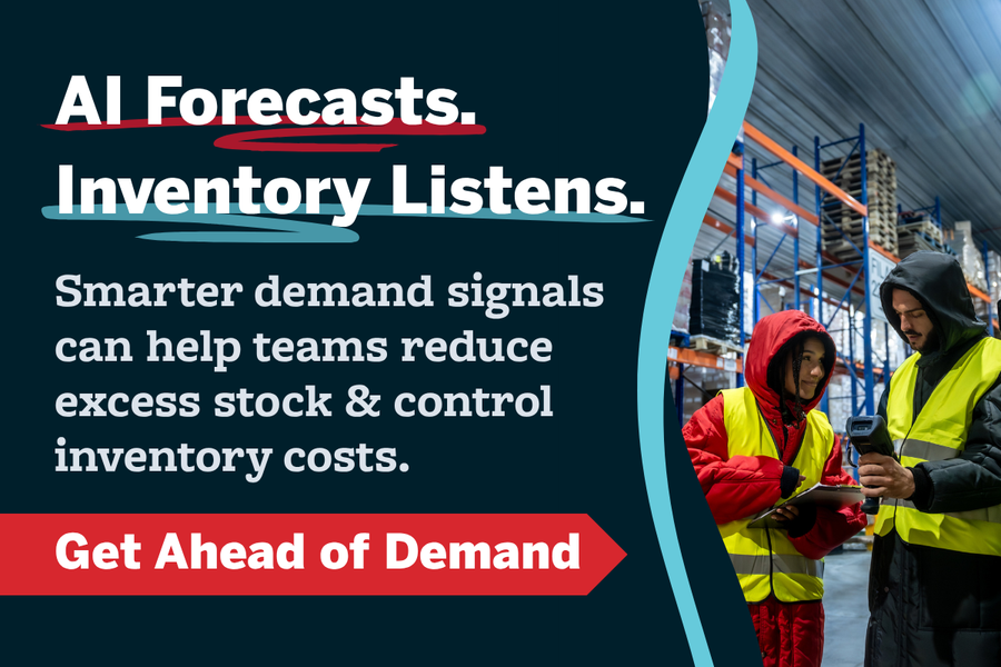 AI-powered inventory forecasting in a modern warehouse with two workers using a handheld scanner and tablet to analyze demand signals, improve stock accuracy, and reduce inventory costs in a distribution center