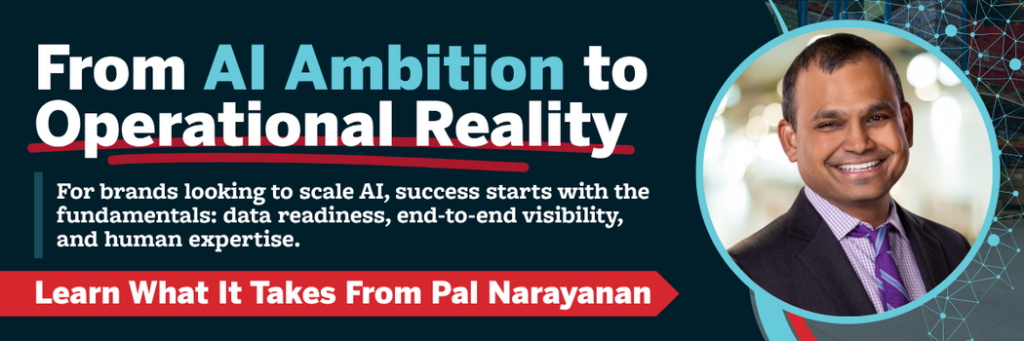 AI in supply chain banner illustrating transition from AI strategy to operational execution with focus on data readiness, end-to-end visibility, and logistics performance optimization