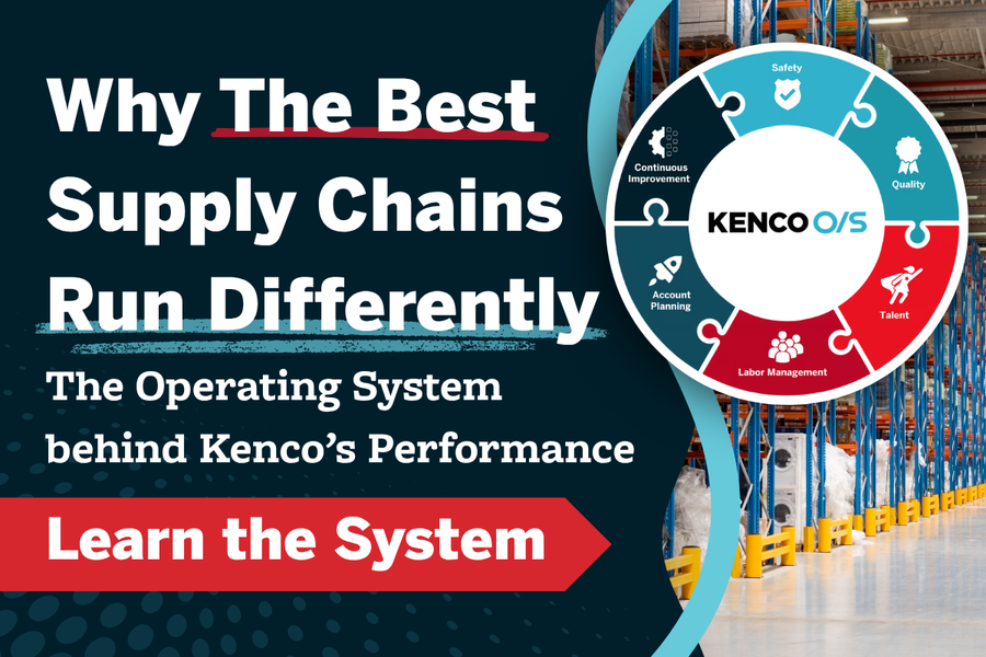 Warehouse distribution center with pallet racking and industrial storage alongside a circular Kenco Operating System diagram highlighting six pillars—safety, quality, talent, labor management, account planning, and continuous improvement—with text reading “Why the Best Supply Chains Run Differently” and “Learn the System” emphasizing logistics operational excellence.