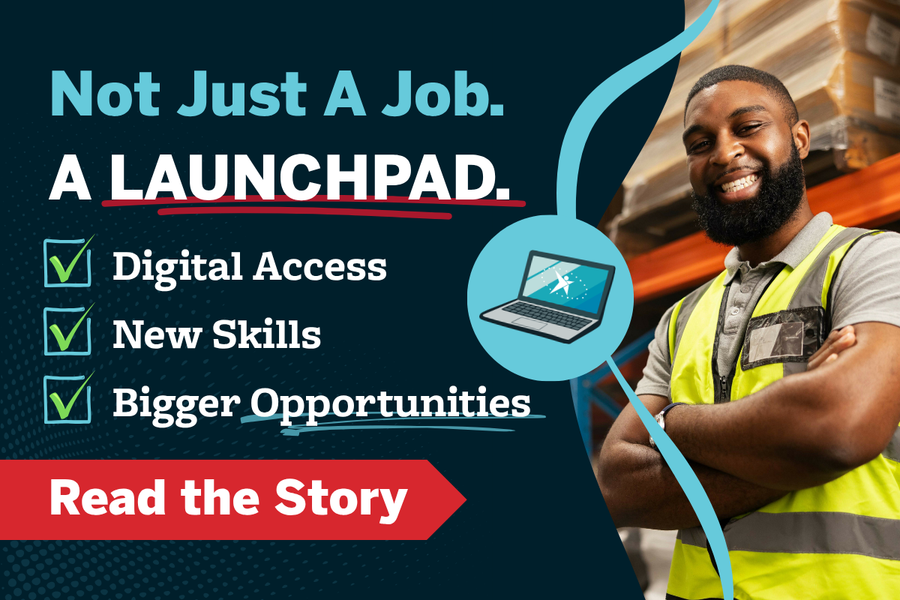 Warehouse associate standing in a distribution center with digital skills messaging, highlighting Kenco Tech Goes Home program focused on workforce development, digital literacy training, and career advancement opportunities in logistics operations.