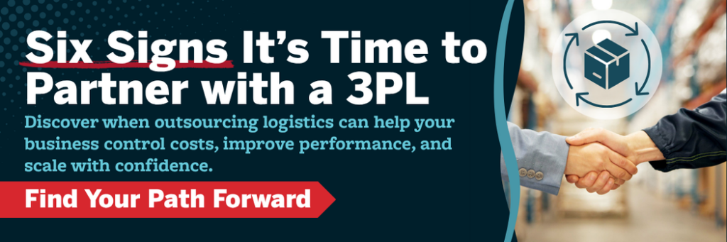 Banner promoting six signs it's time to partner with a 3PL, featuring a warehouse setting, business handshake, circular logistics icon, and messaging about reducing logistics costs, improving operational performance, and scaling supply chain operations with confidence.