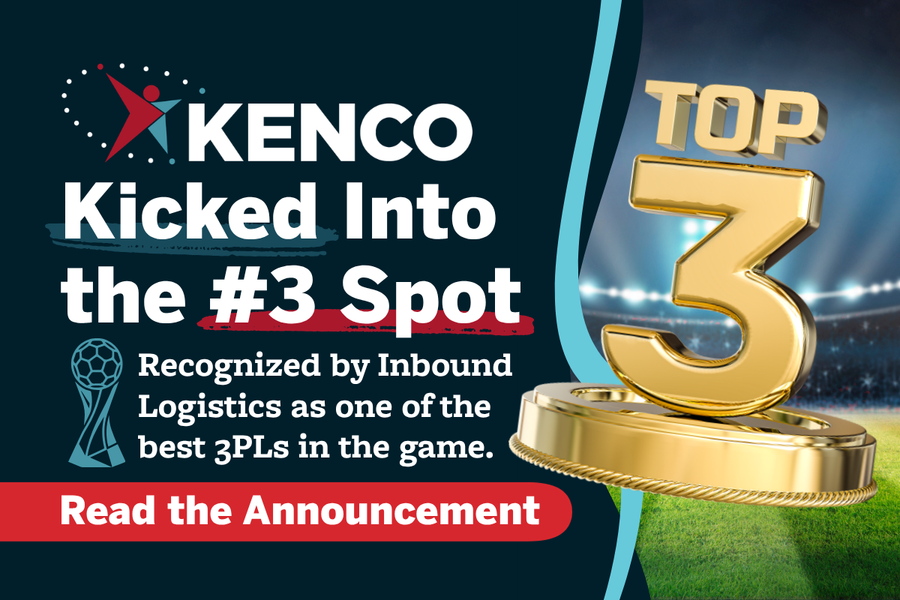 Kenco celebrates earning the No. 3 spot on Inbound Logistics’ 2026 Top 10 3PL list with a gold Top 3 trophy on a soccer field.