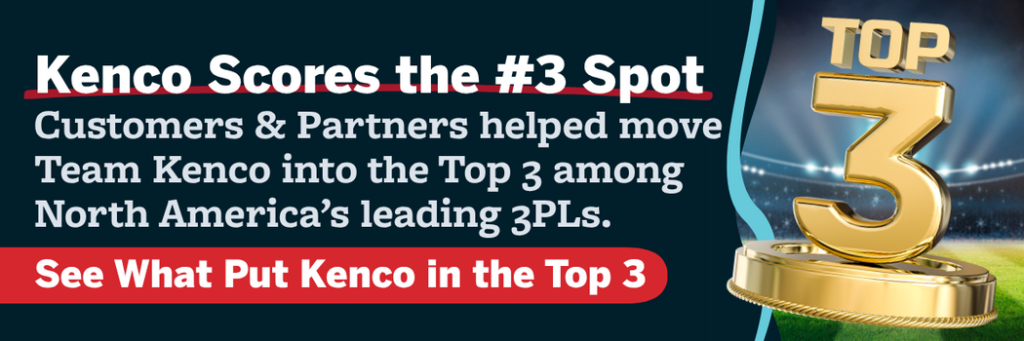 Kenco, a North American 3PL, celebrates earning the No. 3 spot on Inbound Logistics’ 2026 Top 10 3PL list beside a gold Top 3 trophy.