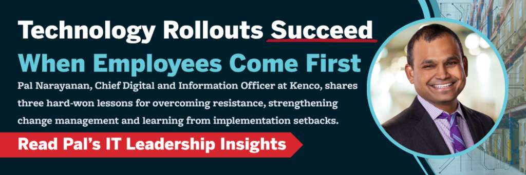 Banner highlighting employee-centered digital transformation and technology adoption best practices. Features messaging focused on successful technology rollouts through frontline engagement, workflow alignment, change management, and leadership transparency, alongside enterprise operations and technology-themed visuals.
