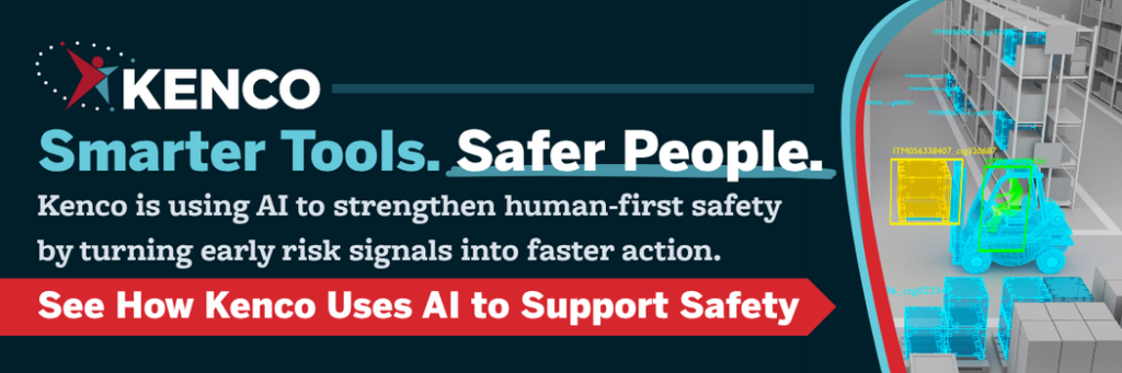 Kenco warehouse safety graphic illustrating AI-powered computer vision technology monitoring forklift activity and warehouse operations to identify hazards, prevent incidents, and support proactive workplace safety initiatives.