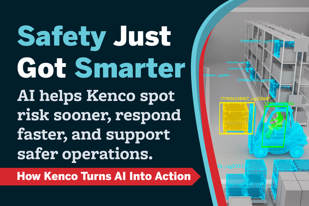 AI-powered warehouse safety technology visual showing computer vision monitoring a forklift and inventory area to identify risks, improve workplace safety, and support proactive safety management at Kenco.