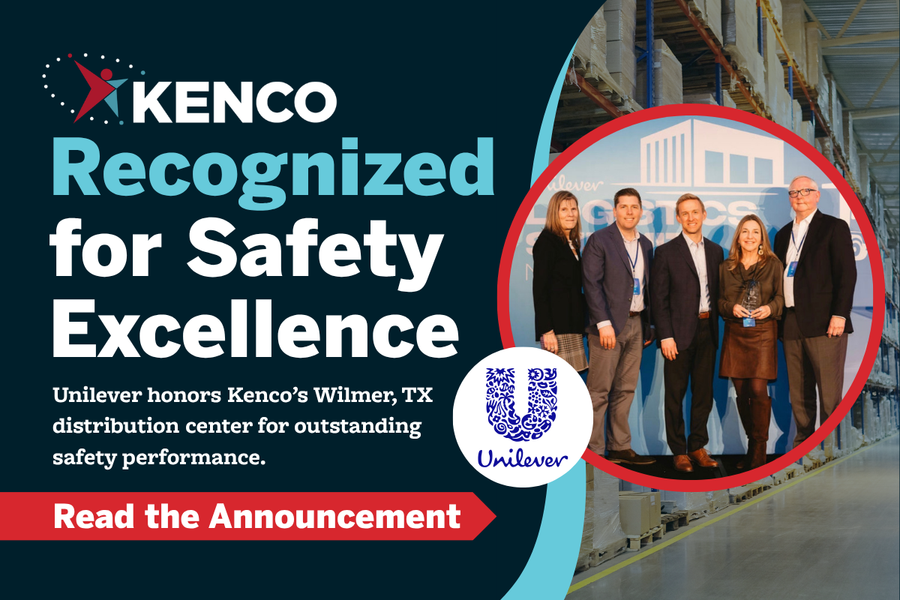 Kenco and Unilever representatives celebrate Kenco’s 2025 Excellence in Safety Award, recognizing the Wilmer, Texas distribution center’s people-first safety culture.
