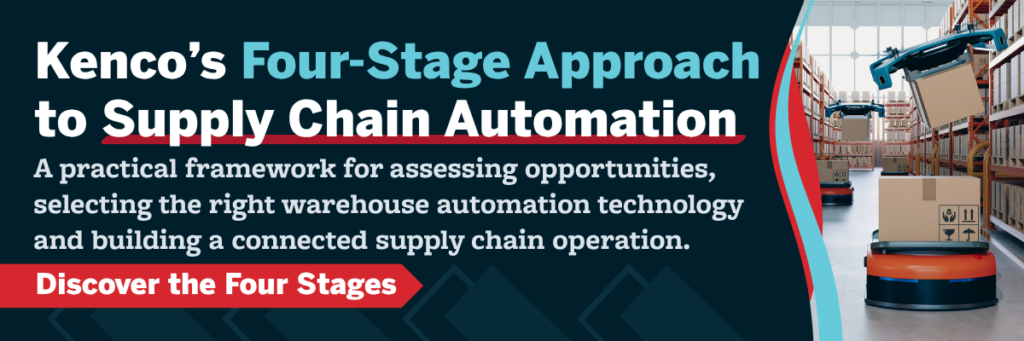 Promotional banner featuring autonomous warehouse robots moving inventory within a high-bay distribution center. Accompanied by messaging about Kenco’s four-stage approach to smarter supply chain automation, the image illustrates warehouse technology, operational efficiency, and strategic automation planning for modern logistics networks.