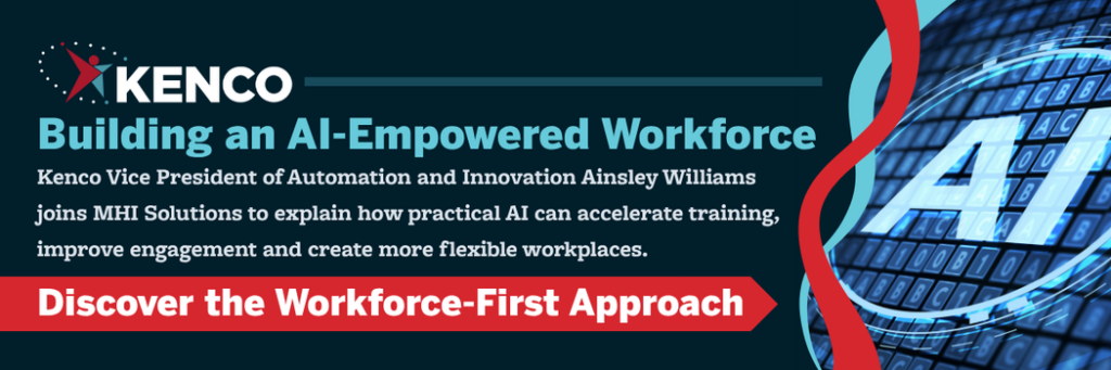 Banner featuring workforce-first AI initiatives in supply chain logistics, highlighting employee training, onboarding, productivity improvement, workforce flexibility, AI-powered analytics, and operational excellence in warehouse and distribution environments.