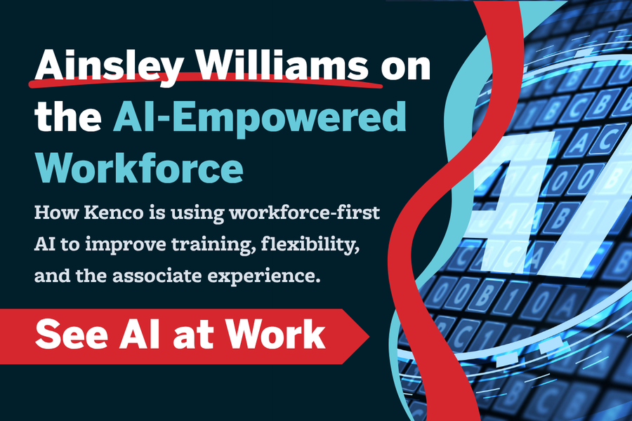 Graphic promoting an MHI article about workforce-first AI in supply chain operations. The image highlights how AI is helping improve employee training, productivity, workforce flexibility, onboarding, and associate engagement through practical technology applications.