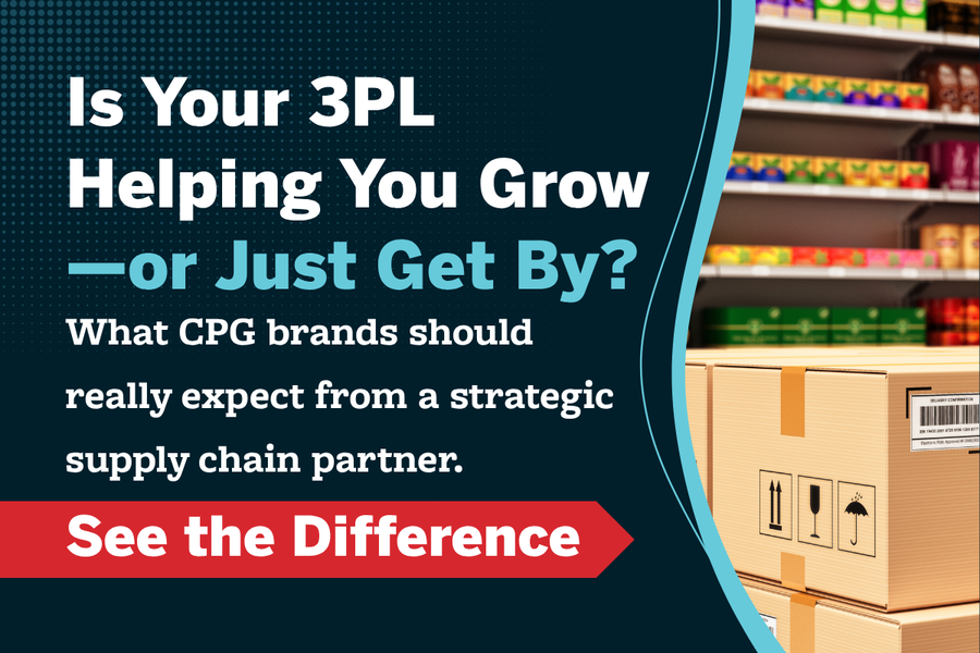 Graphic promoting a blog about choosing the right 3PL for consumer packaged goods companies. Text reads 