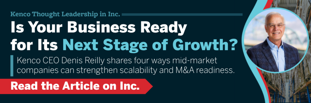 Featured thought leadership banner promoting an Inc. article on mid-market M&A readiness and business scalability. The graphic contains a professional headshot, warehouse distribution center imagery, and the headline, “Is Your Business Ready for Its Next Stage of Growth?” The article shares four strategies for improving acquisition readiness, increasing business valuation, strengthening leadership teams, investing in technology, and creating scalable operations to support long-term growth. Call-to-action encourages readers to explore expert insights on M&A strategy and business growth planning.
