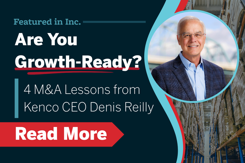 Promotional thumbnail for an Inc. feature article about business growth and M&A readiness. The graphic includes a professional headshot, warehouse imagery, and the headline 