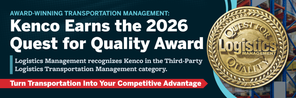 Banner promoting Kenco's 2026 Quest for Quality Award recognition from Logistics Management. The graphic includes a large gold award medallion, warehouse storage racks, and messaging celebrating Kenco's customer-driven recognition in the Third-Party Logistics Transportation Management category.