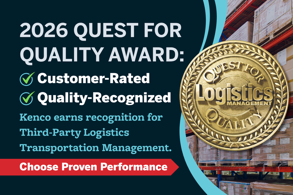 Graphic highlighting Kenco's recognition in the 2026 Logistics Management Quest for Quality Awards. The image features award messaging, a gold Quest for Quality medallion, warehouse racking and palletized inventory, and text noting customer-rated, quality-recognized excellence in third-party logistics transportation management.