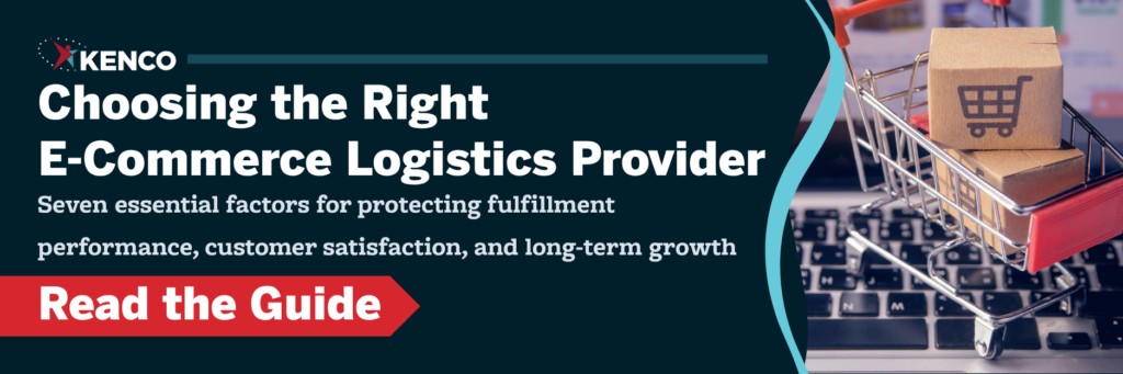 Banner featuring the headline "Choosing the Right E-Commerce Logistics Provider" with package-filled shopping cart imagery and messaging focused on fulfillment performance, customer satisfaction, parcel delivery quality, and selecting the right 3PL partner for business growth.