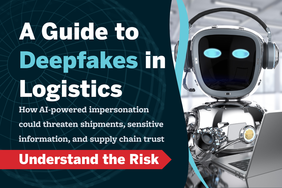 AI robot wearing a headset beside the title “A Guide to Deepfakes in Logistics,” illustrating how AI-powered impersonation can threaten shipments, sensitive data, and supply chain trust.