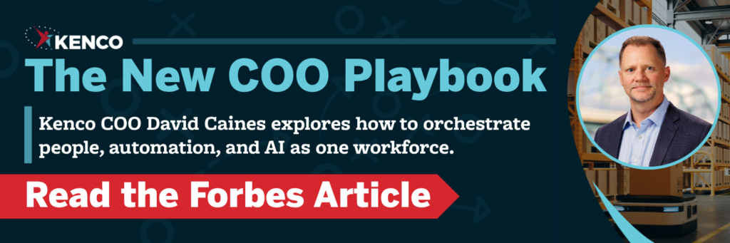 Banner featuring the headline "The New COO Playbook" with warehouse automation imagery, a professional headshot, and messaging about orchestrating people, automation, and AI as a unified workforce to improve operational efficiency, productivity, and business performance.