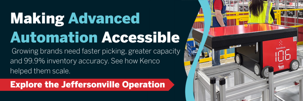 Kenco AutoStore warehouse automation at its multi-client Jeffersonville, Indiana, fulfillment center helps growing brands increase picking speed, capacity and inventory accuracy.