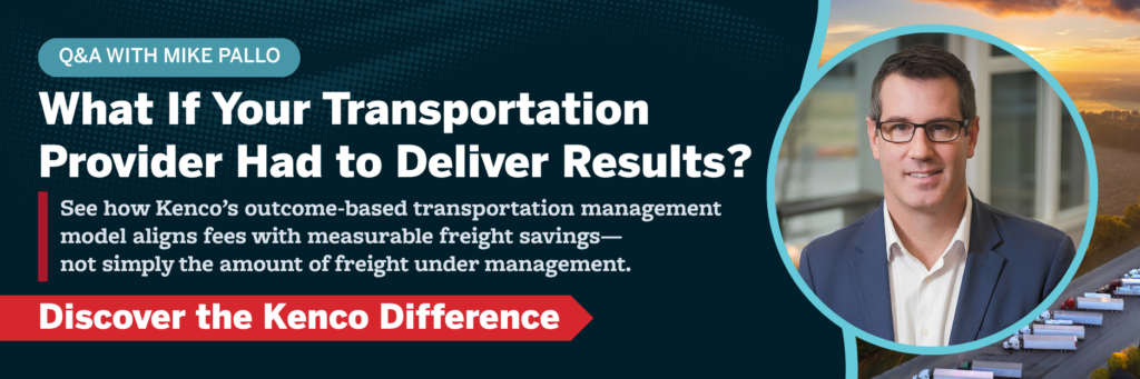 Q&A with Mike Pallo on Kenco’s outcome-based transportation management model, which aligns fees with measurable freight savings, featuring his portrait and trucks on a highway.